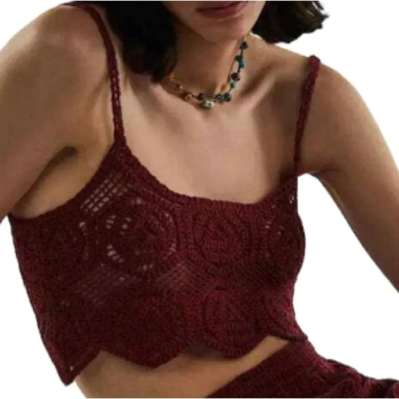 ZARA Crochet Crop Tank Top Rusty Maroon Spaghetti Strap Bohemian Festival M - Picture 1 of 9